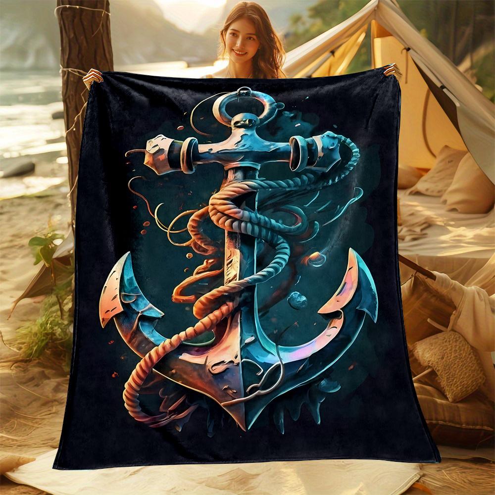 Gemütliche maritime Anker-Kuscheldecke - Weiches Flanell, Wendbares Design für alle Jahreszeiten - Perfekt für Bett, Sofa, Camping & Reisen