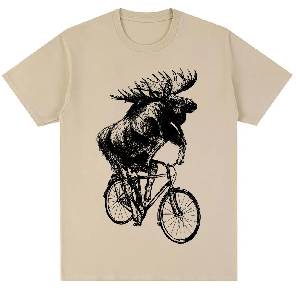 Funny Moose on Bicycle Graphic T Shirt Men Women Vintage Harajuku Creativity T-shirts Oversized Cotton Casual T-shirt