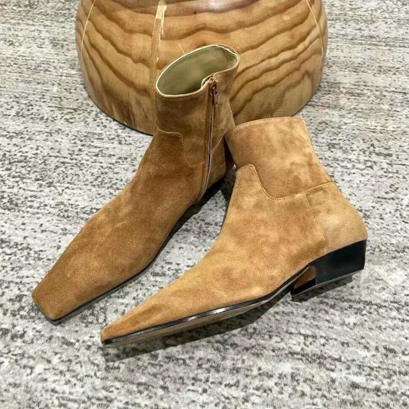 

Korean version of Maillard side zipper suede square head thin boots short boots women s autumn and winter velvet low-heeled Martin boots women s boots 40