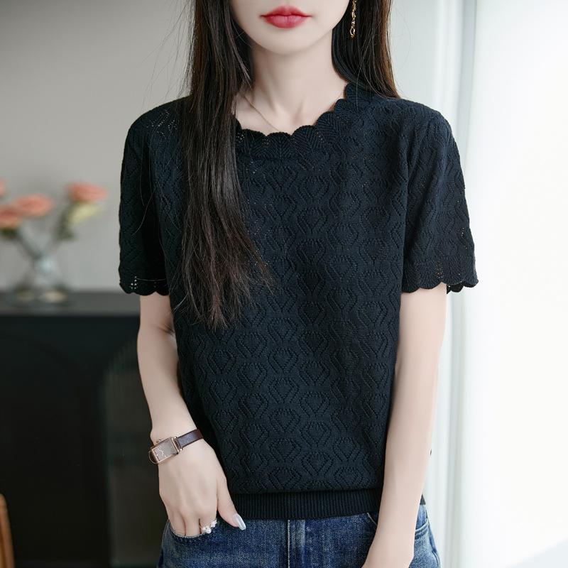 

Летняя модная футболка с коротким рукавом из чистого хлопка, ажурная, тонкая, для женщин, с круглым вырезом, свободная хлопковая майка, вязаный топ XXL чёрный