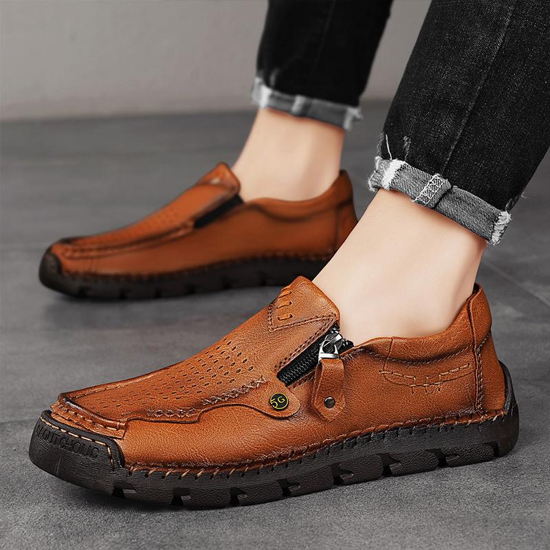 Fashion Handmade Leather Men Shoes Vintage Zipper Design Sneakers Hollow Out Breathable Comfy Casual Leather Mens Outdoor Walking Shoes