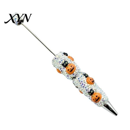 Rhinestone Writing Pen Beadable Pen, Glitter Plastic Beaded Halloween Pumpkin Ghost Skull DIY Set Gel Ink for Craft Making, School Office Supplies