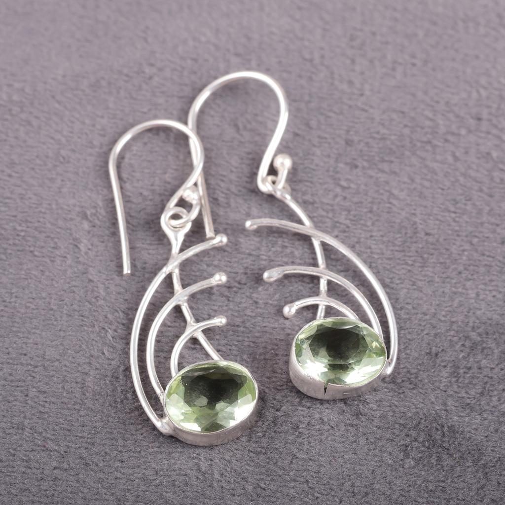 Green Amethyst Gemstone Earrings, 925 Solid Sterling Silver Earrings, Handmade Antique Jewelry, Gift For Mother
