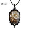 Whimsical Garden Party Accessories Oval Floral Pendant Necklace, Vintage Glass Dome Rose Retro Black Metal Jewelry Adjustable Cord for Women
