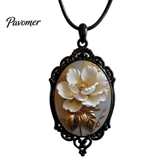 Whimsical Garden Party Accessories Oval Floral Pendant Necklace, Vintage Glass Dome Rose Retro Black Metal Jewelry Adjustable Cord for Women