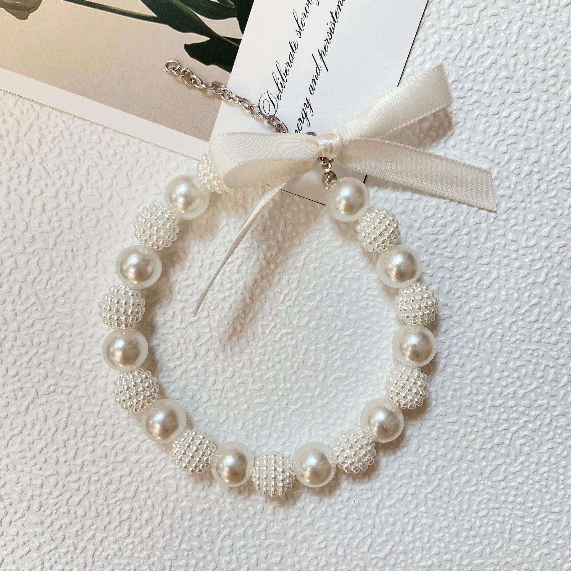 

Bayberry Beads Pet Collar Bow Cat Puppy Neck Ring Pearl Chain Supplies Princess Style Accessories Small size s слоновая кость