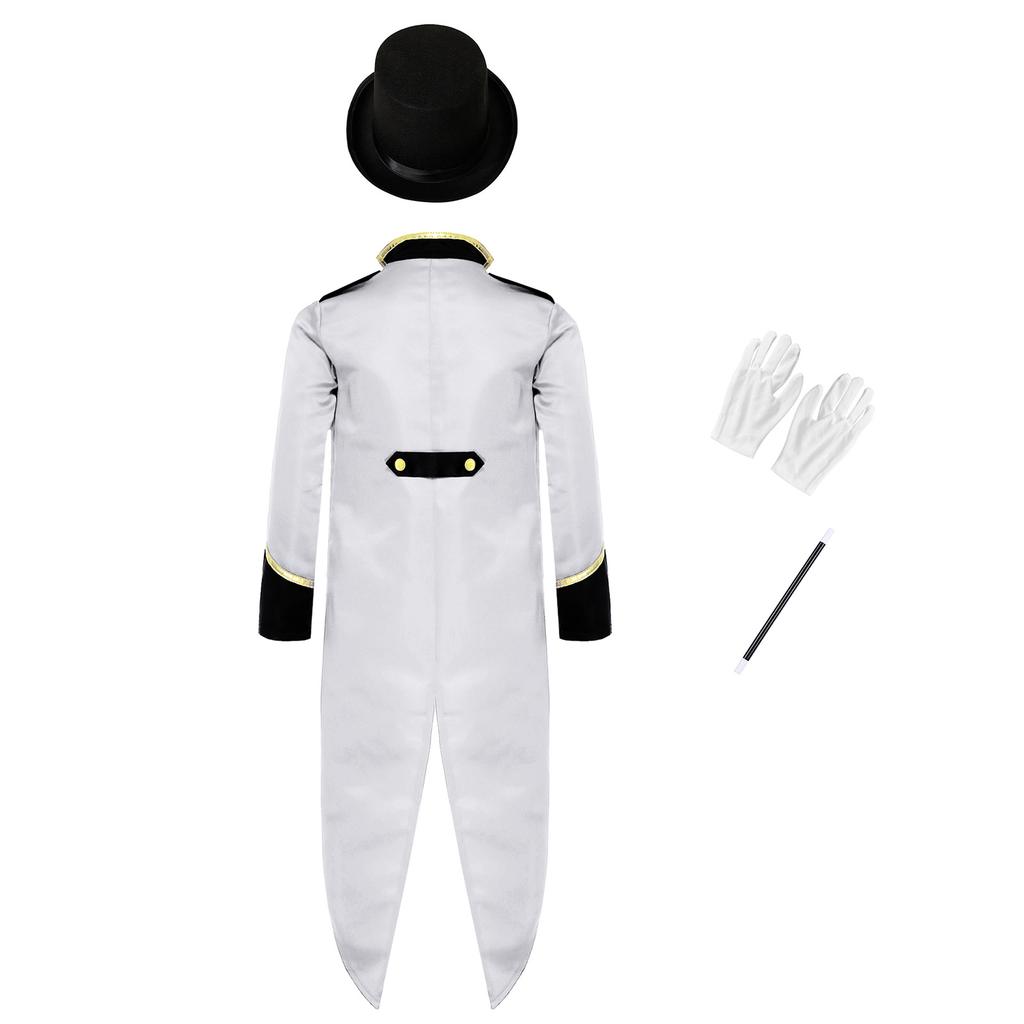 Dětský viktoriánský steampunkový kostýmový set Čtyřdílný smokingový frak s cylindrem, rukavicemi a kouzelnickou hůlkou Maškarní