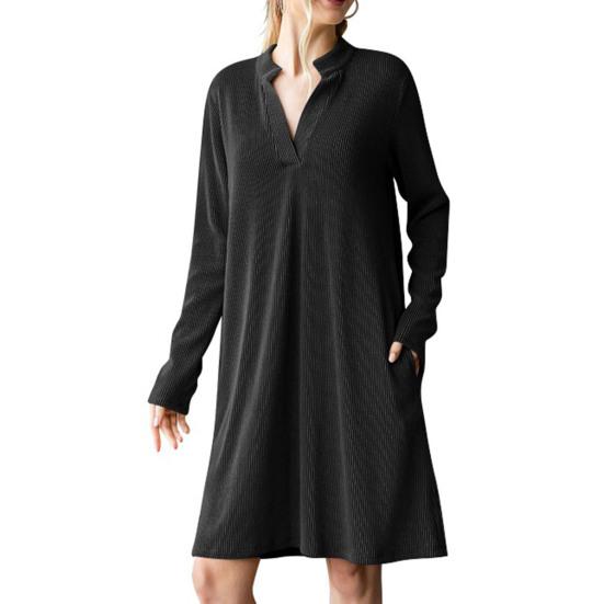 Women's Fall Winter Ribbed Knit Dress Casual Long Sleeve V Neck Mini Dress Loose Pullover Sweater Dress with Pockets