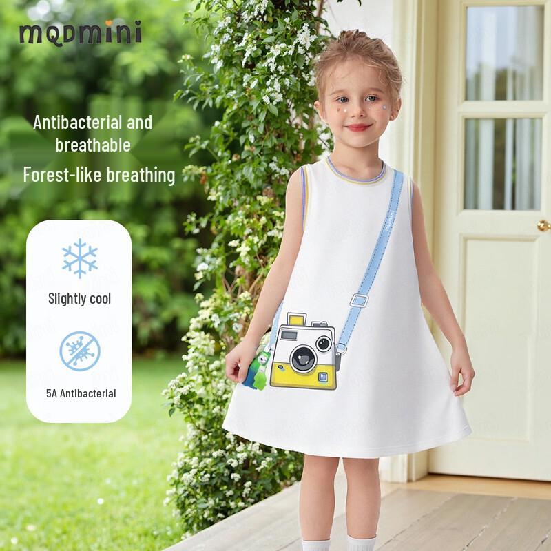 MQDMINI Girls  Sleeveless Cool-Touch Dress with Bear Camera Print 100cm