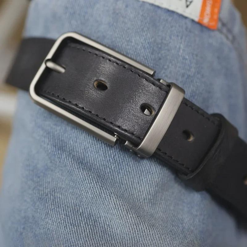 Cinto Masculino Retro de Couro de Vaca com Fivela de Pino – Cinto Casual Versátil para Jeans para Estilo Jovem e na Moda