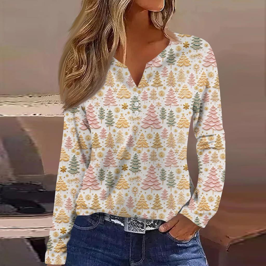 Women's Fashion Casual V-Neck Button-Up Long-Sleeve T-Shirt With Christmas Print Top