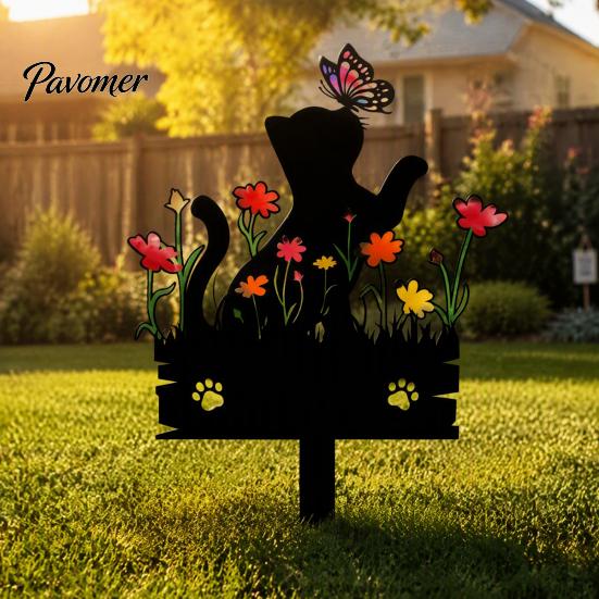 Acrylic Cat Silhouette Decor Kitten Garden Stake, Decorative Yard Sculpture with Flowers And Outdoor Lawn Ornament Butterflies, Waterproof Art