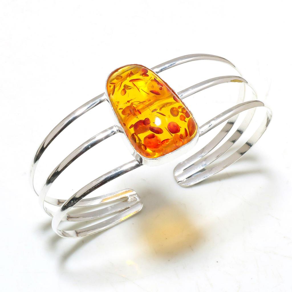 925 Silver Plated Natural Amber Gemstone Handmade Cuff Bracelet Jewelry Size Adjustable