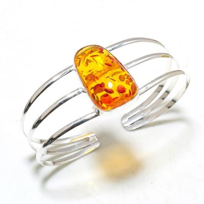 925 Silver Plated Natural Amber Gemstone Handmade Cuff Bracelet Jewelry Size Adjustable