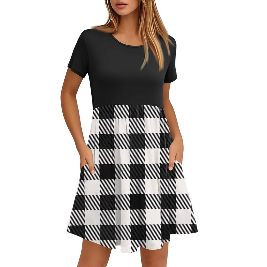 Robes décontractées à col rond et manches courtes pour femmes, imprimées et à poches