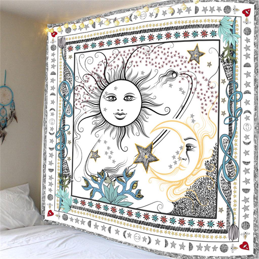 Celestial Sun and Moon Tapestry  Boho Astrology Wall Decor with Stars  Floral Borders for Bedroom  Meditation Spaces