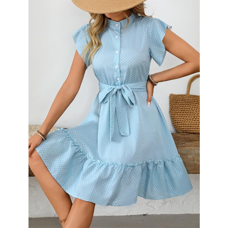 YYFS Women's Fashion Summer Spring Polka Dot Print Short Sleeve O-Neck High Waist Casual Dresses
