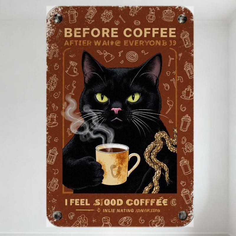 Vintage Brown Background Coffee Cat Tin Sign with Cat Holding Coffee Cup, Retro Coffee Icons, Home Cafe Bar Wall Decor Metal Pos