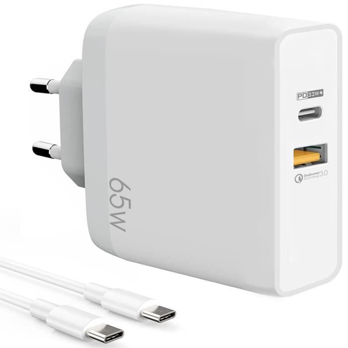 Chargeur USB-C 65W - e.F.Connection - 2-en-1 - PD 33W - QC 3.0 - Câble 1m