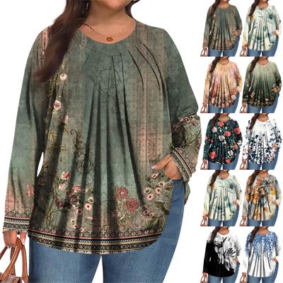Dámska móda plus size Potlačený ležérny plisovaný top s okrúhlym výstrihom a dlhým rukávom