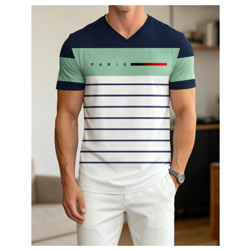 Men'S Striped Short Sleeve V-Neck T-Shirt, Breathable, Quick-Dry, Sweat-Wicking, Skin-Friendly And Comfortable Fit, Suitable for Casual Wear
