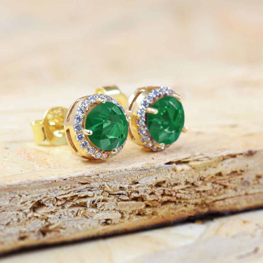 Green Round lab crown Emerald stud earrings for women, Gold earrings for her, Gemstone earrings, minimalist earrings, Round stud earrings