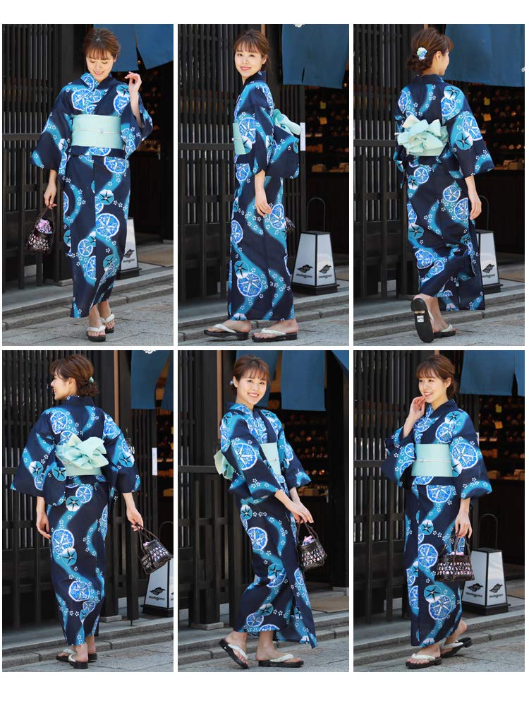 Yukata Mare Albastru Glorie de Dimineață și Flori de Cireș Curgătoare pe Bleumarin Set de Damă din 3 Piese Yukata Mărimi 2L până la 3L [Piesă Strălucitoare] Set de Damă, Mărime, Fundal,