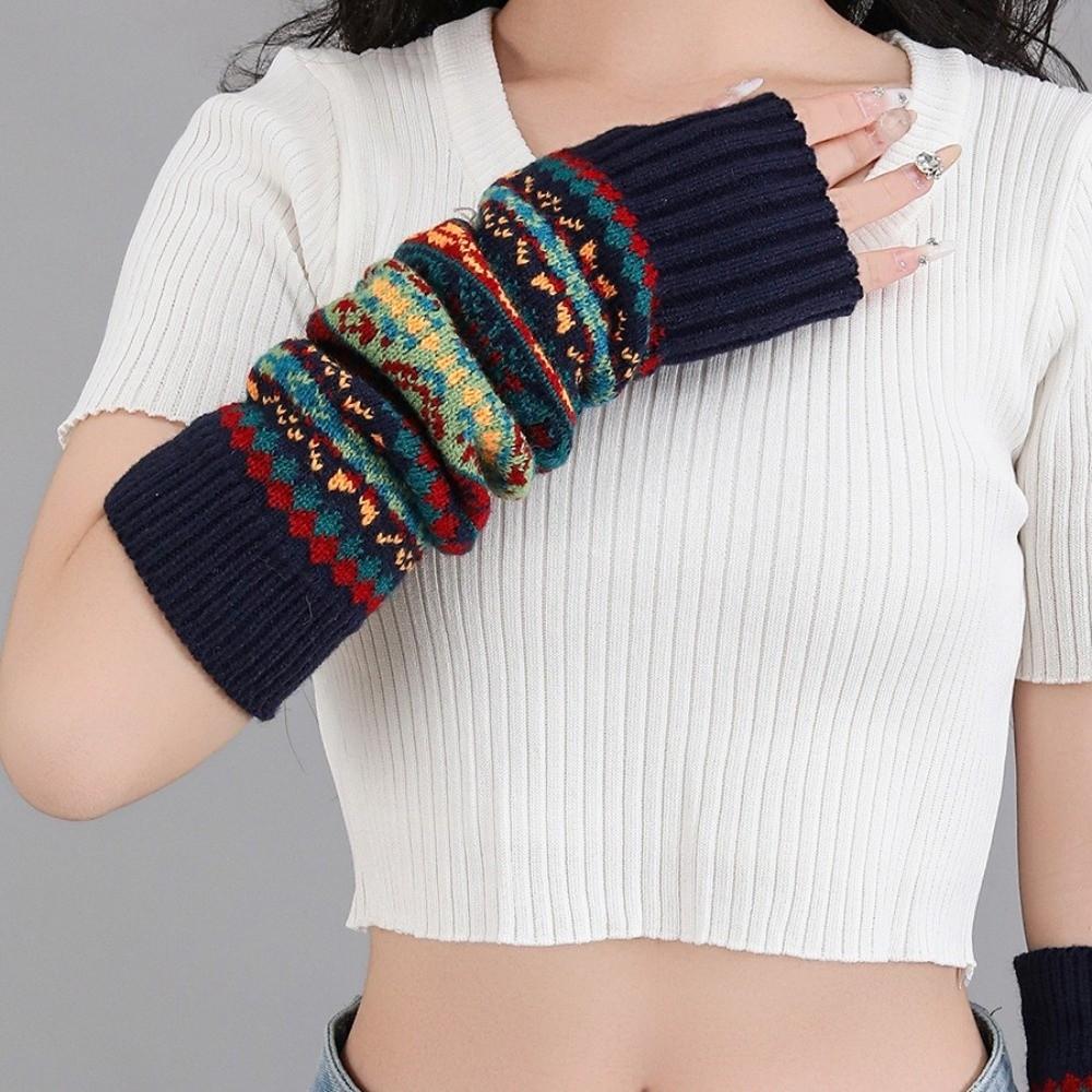 Bohemian Style Knitted Fingerless Sleeves Thickened Warmer Long Cuff Y2K Star Arm Cover  Winter