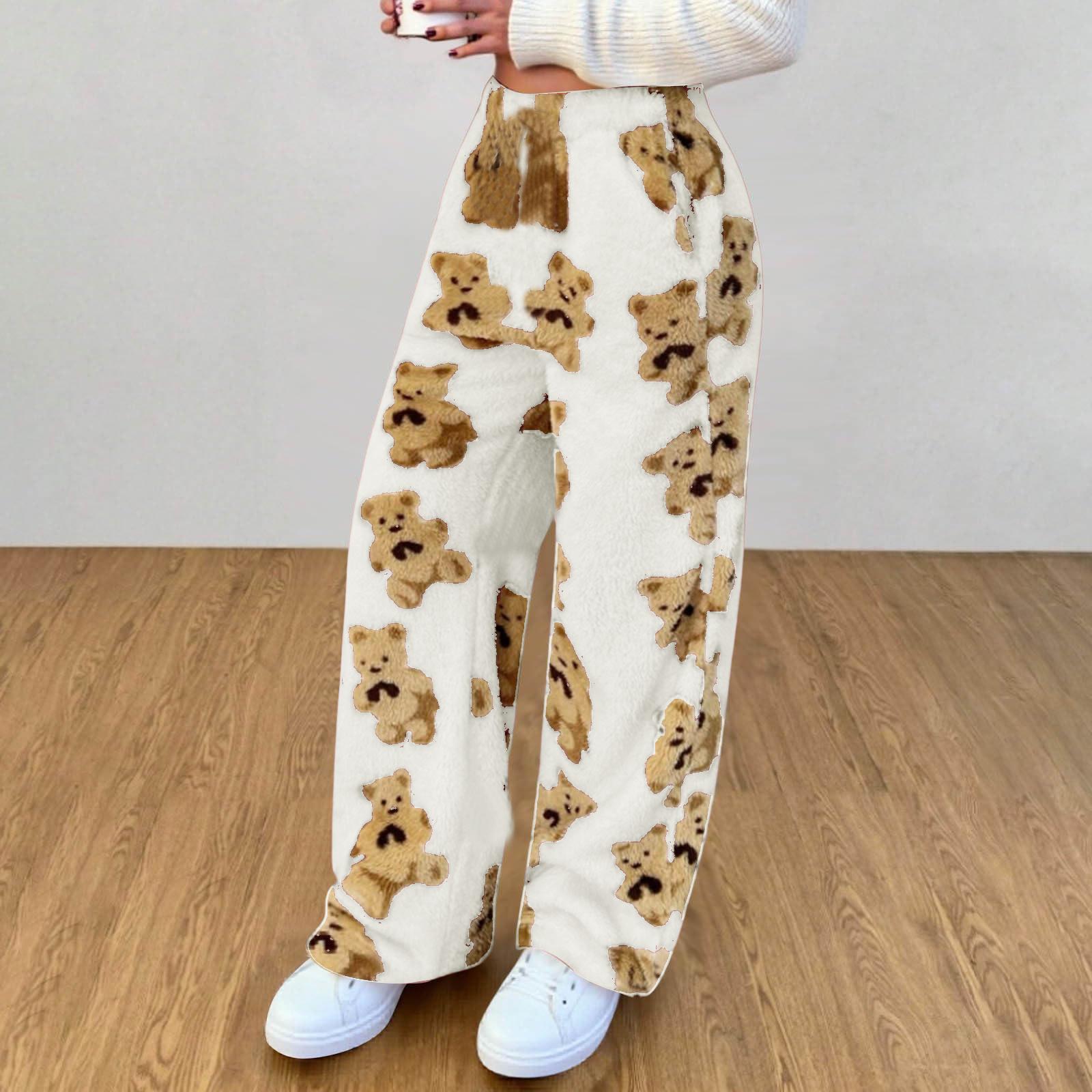 

Женские милые плюшевые пижамные брюки с принтом медведя с карманом, широкие плюшевые повседневные брюки XL белый