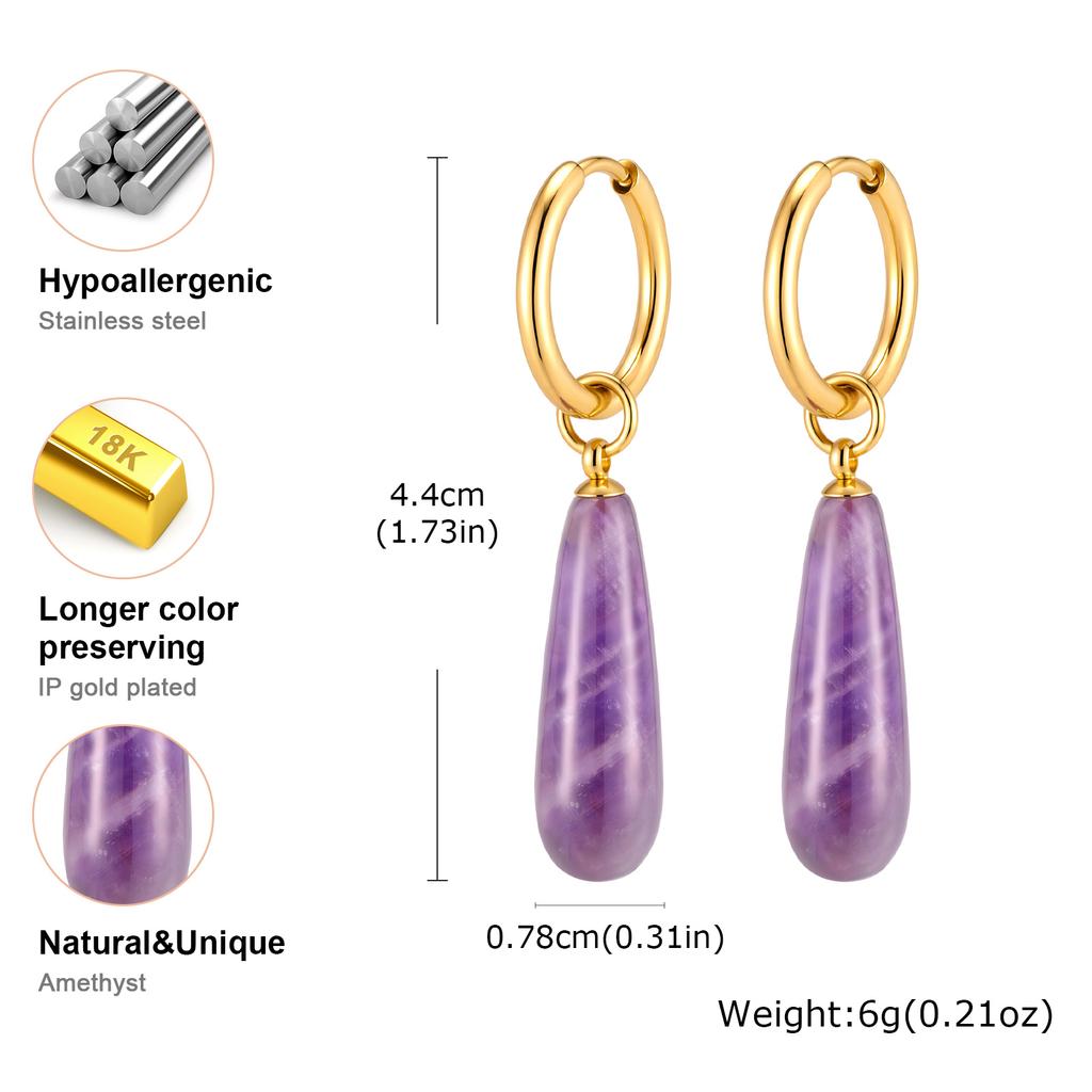 Natural Stone Drop Earrings 18k Gold Plated Stainless Steel Teardrop Amethyst Tiger Eye Rose Quartz Jewelry Nickel-Free