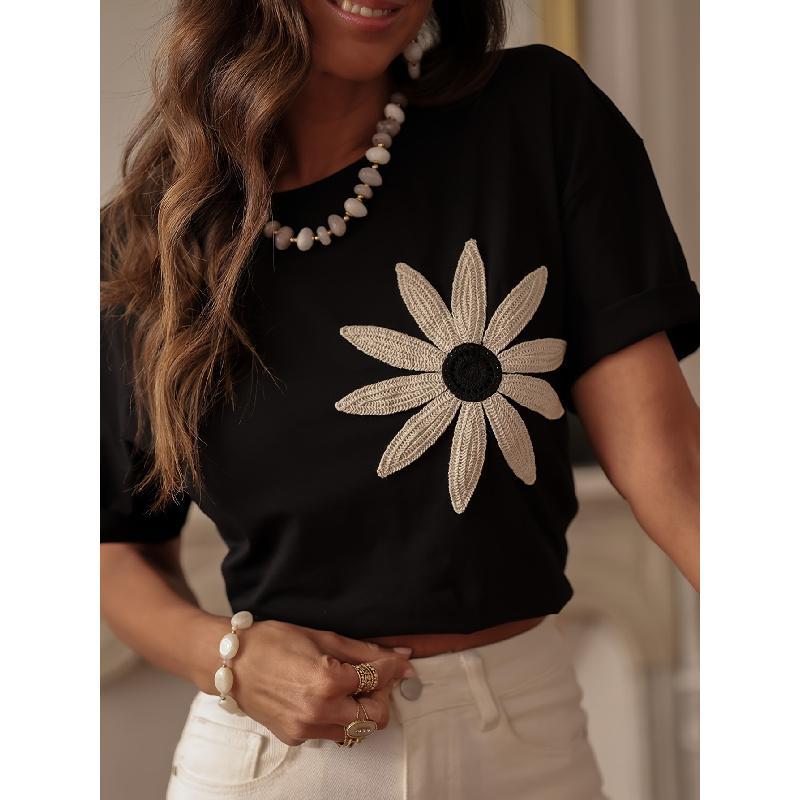 Slimming three-dimensional embroidered pleated soft lightweight breathable women's round-neck short-sleeve T-shirt