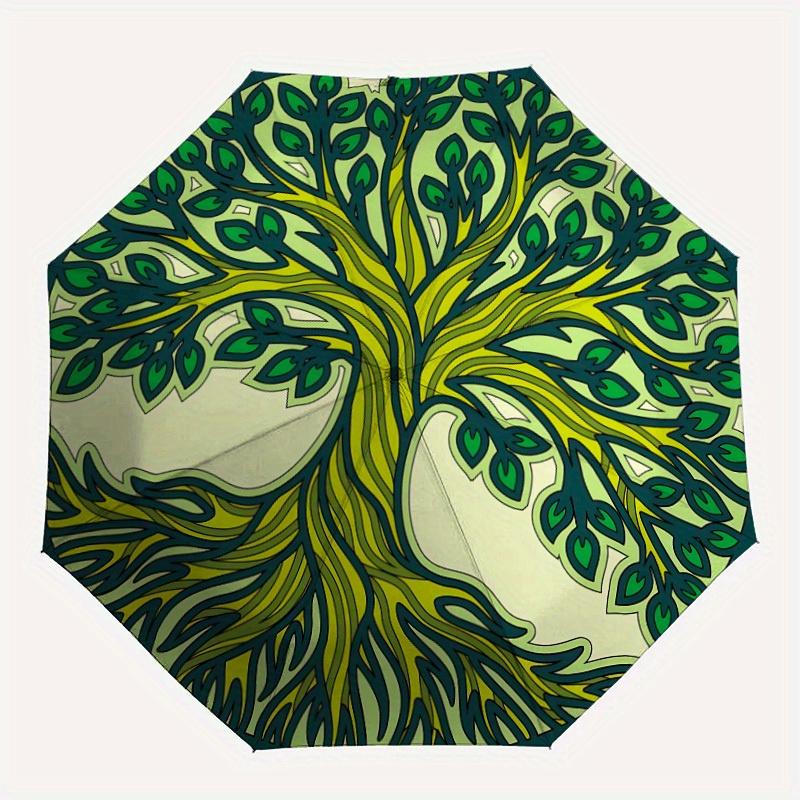 1pc Tree of Life Automatic Folding Umbrella - 8-Rib Iron Frame,  Portable Sunshade with Plastic Handle yy250731284