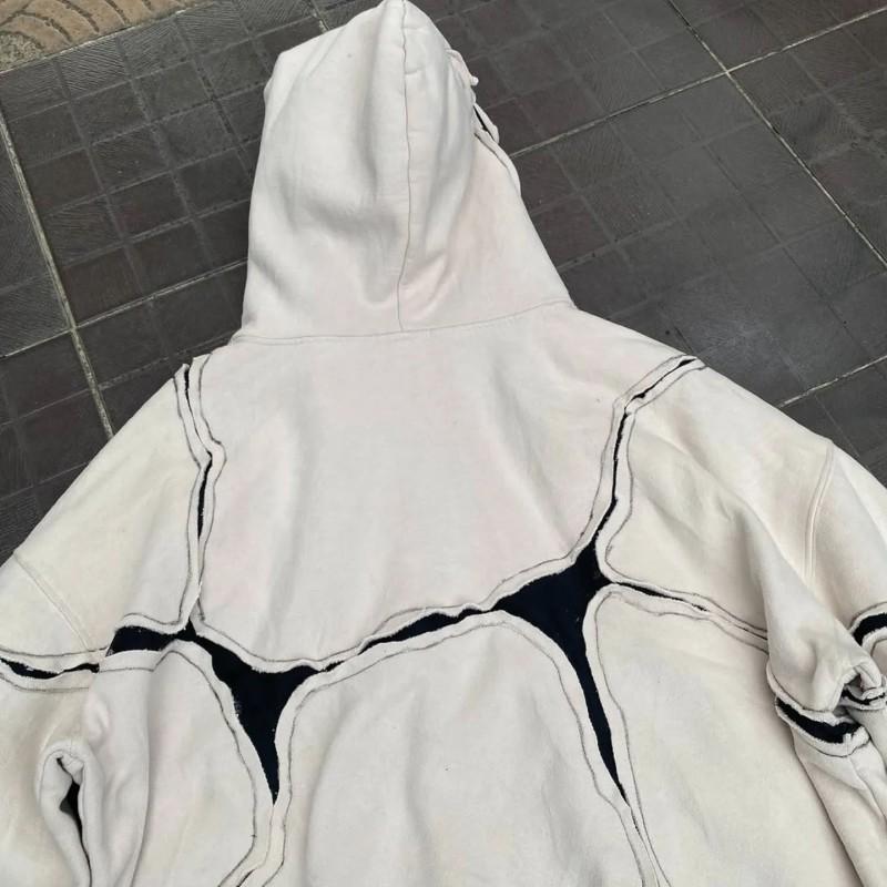 Unisex Gothic Streetwear Hoodie With Line Patchwork Design Oversized Fit Long Sleeve Pullover 2025