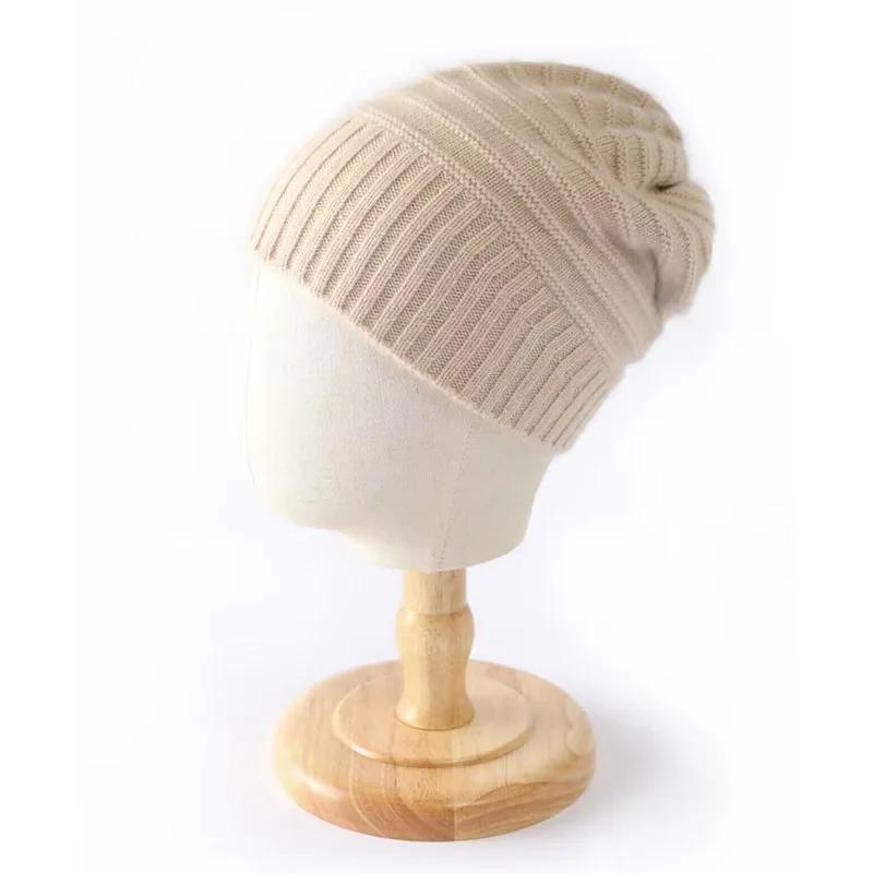 Women's Pure Wool Knit Beanie Hat Winter Warm Striped Pattern Soft Cozy Thickened Cap Headwear for Cold Weather Hiking