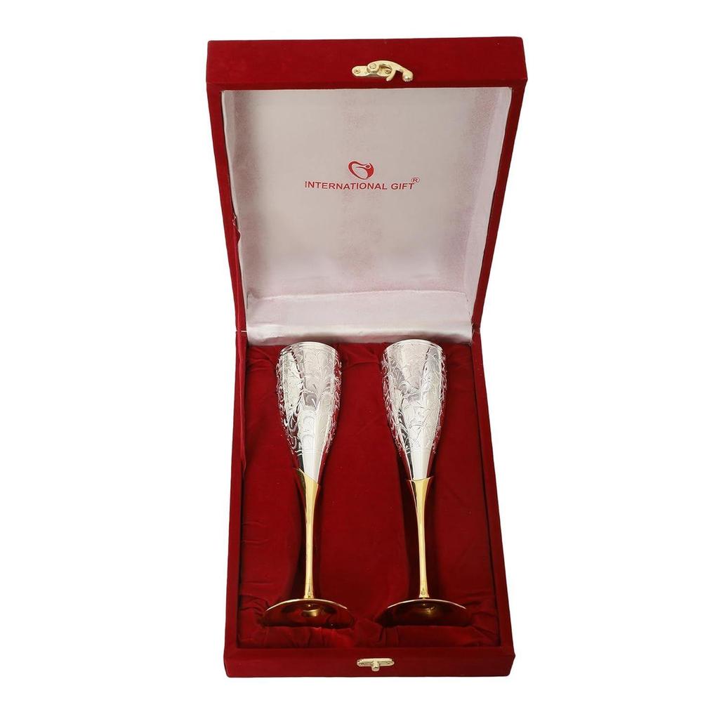 German Silver Wine Glass/Wine Goblet Set of 2 Pieces Glass | Happy Birthday Box with Carry Bag