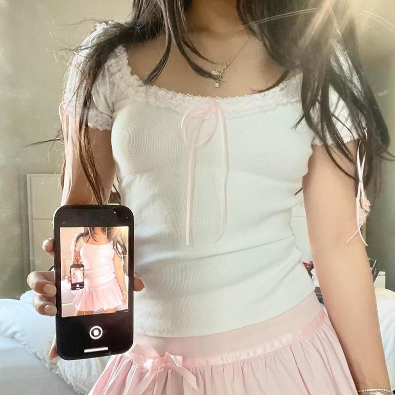 Dámský krajkový límec kolizní kravata mašle dívčí slim zeštíhlující pletený top peplum bublinkový krátký rukáv tričko