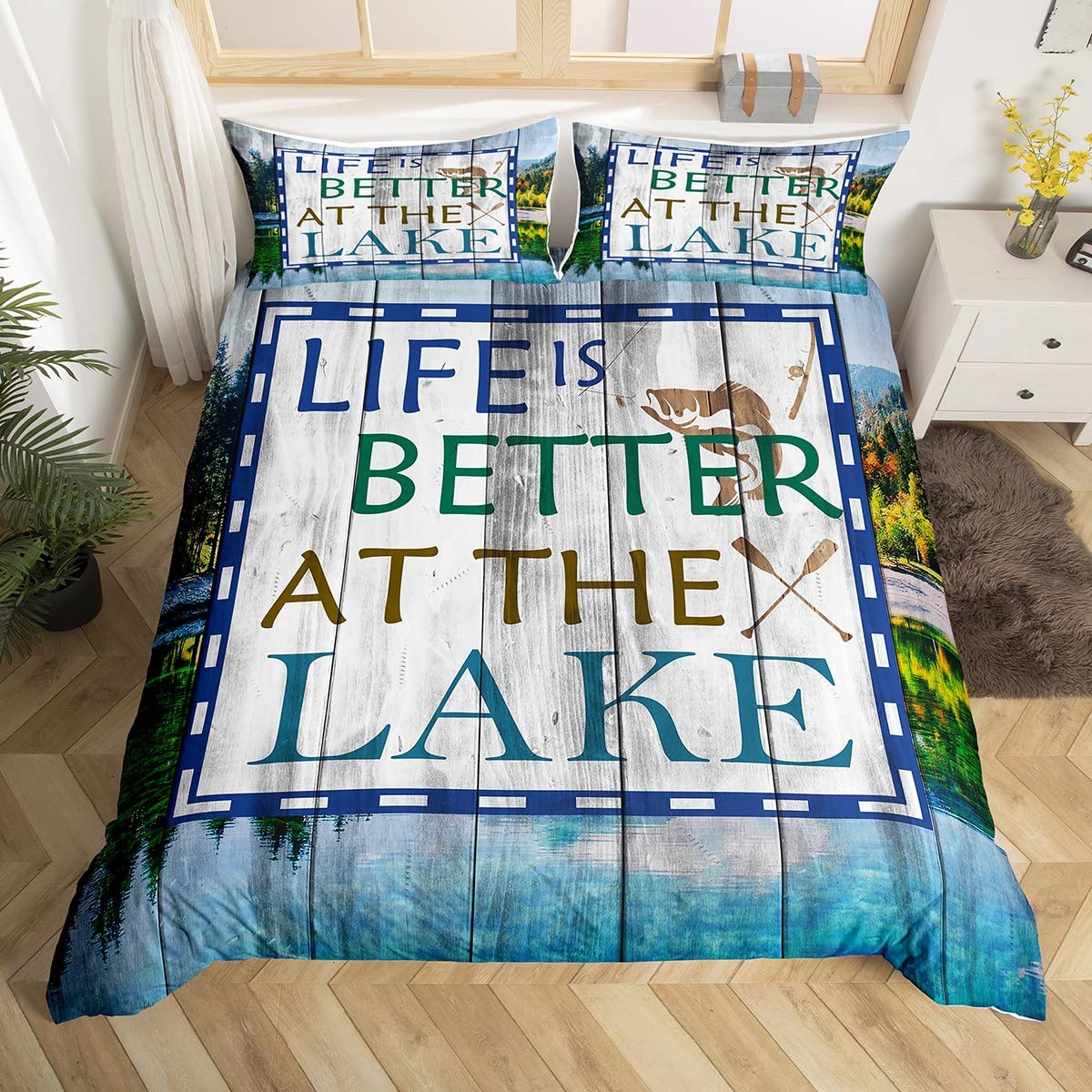 

Rustic Farmhouse Duvet Cover Summer Lake Bedding Set For Boys Men Twin Flip Flop Paddle Quilt Cover Vintage Wood Texture Bed Set EU Single(135x200cm)