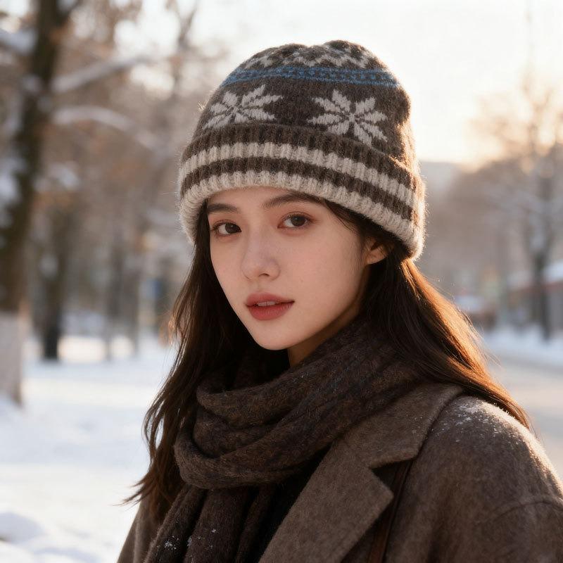 Autumn and Winter Snowflake Jacquard Knitted Hat Women's Warm and Cold-proof Fashion Versatile Ear Protector Color Matching Wool Hat