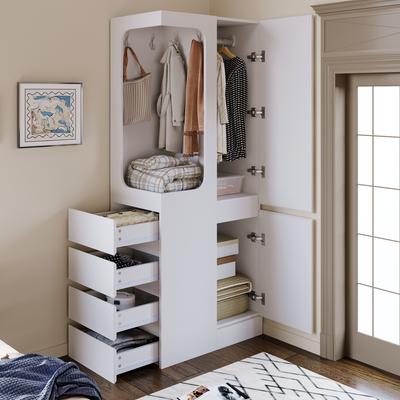 Kleiderschrank 70 x 40 x 170 cm, mit Schubladen und Staufächern, Offener Kleiderbereich, Einzeltür, Weiß