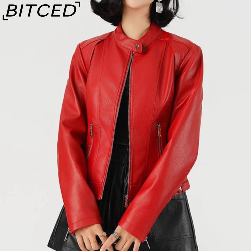 Fashionable Women's PU Leather Jacket, Stand Collar, Lightweight Spring/Autumn Style, Red Leather Jacket