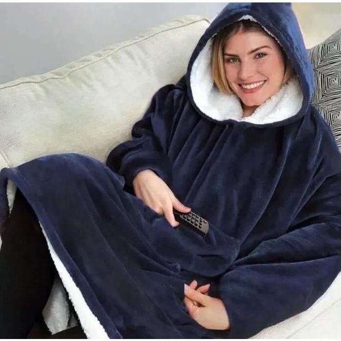 Flannel Hoodie Couverture Chaude Robe Sweat Pull avec des Manches Épaisse Plaid Couverture, Sweat à Capuche Super Doux (Bleu)