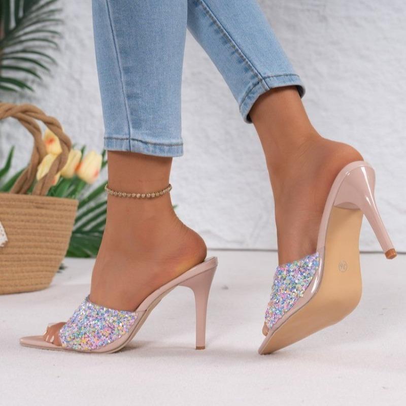 Fashion Temperament Slippers Women Summer New Pointed Toe Open Toe Rhinestone Outside Wear Slip Anti-Slip Wear-Resistant Stiletto