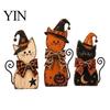 Solid Wood Seasonal Centerpiece 3Pcs Rustic Wooden Halloween Cat Tabletop Decor, Farmhouse Black Figurine Indoor Party Supplies with Witch Hat, Autumn