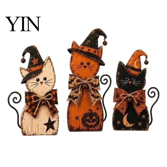Solid Wood Seasonal Centerpiece 3Pcs Rustic Wooden Halloween Cat Tabletop Decor, Farmhouse Black Figurine Indoor Party Supplies with Witch Hat, Autumn