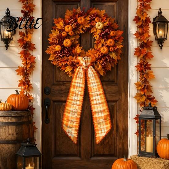 Festival Ribbon Sash Fall Scalloped Wreath for Front Door 55 Inch Plaid Gingham Autumn Thanksgiving Harvest Yard Porch Doorway Indoor Outdoor