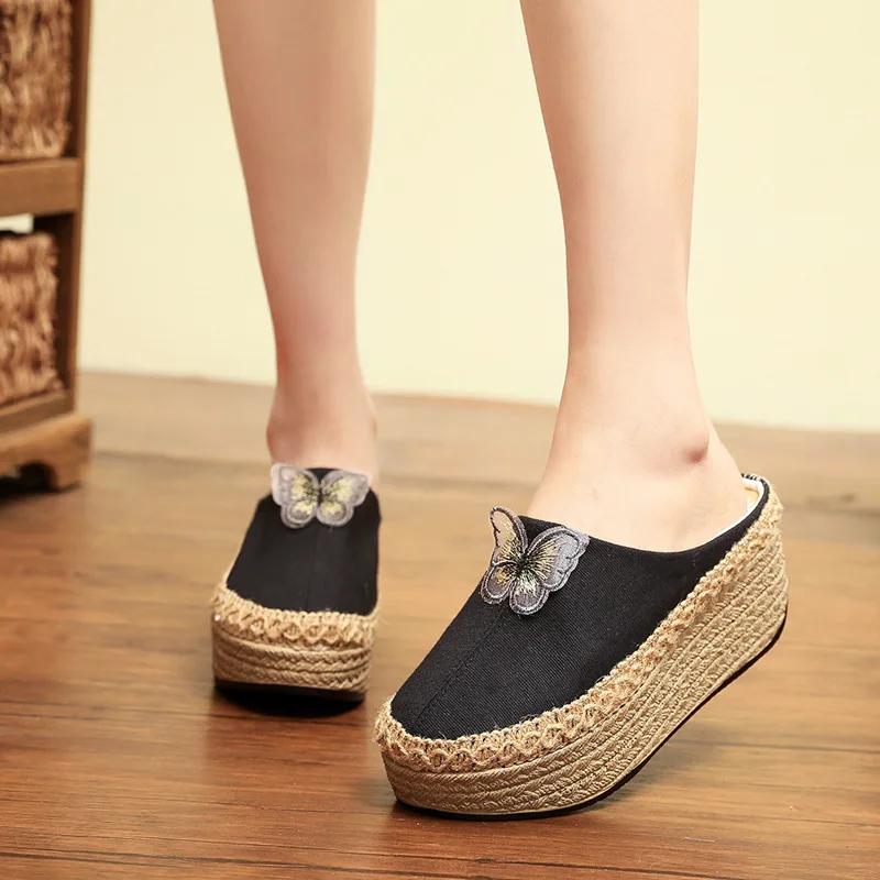 Fashion 2025 New Retro Handmade Women Canvas 5cm Platform Mules Slippers Butterfly Black Beige Leopard Comfortable Casual Slip On Shoes