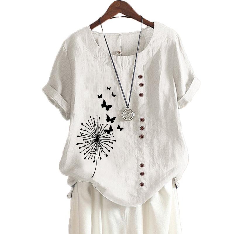 Large casual loose butterfly print short sleeved pullover T-shirt retro cotton and linen women's clothing
