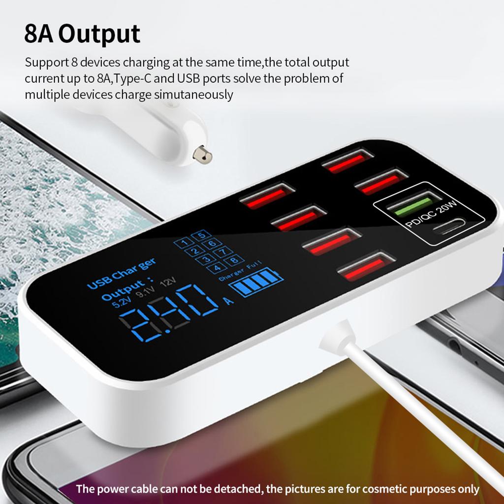 A9S+ 8 Port Car Charger with LED Display Type C QC3.0 Quick Charging Intelligent Portable Safe Vehicle Charger Station