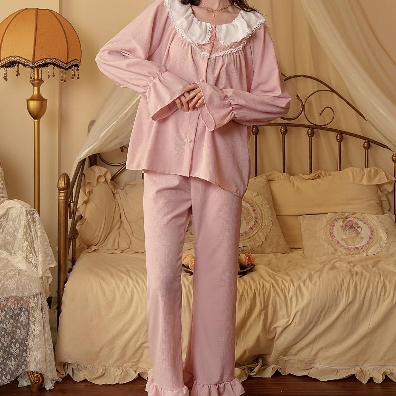 Women Korean Court Style Lace Trim Long Sleeve Loose Pajama Homewear Set