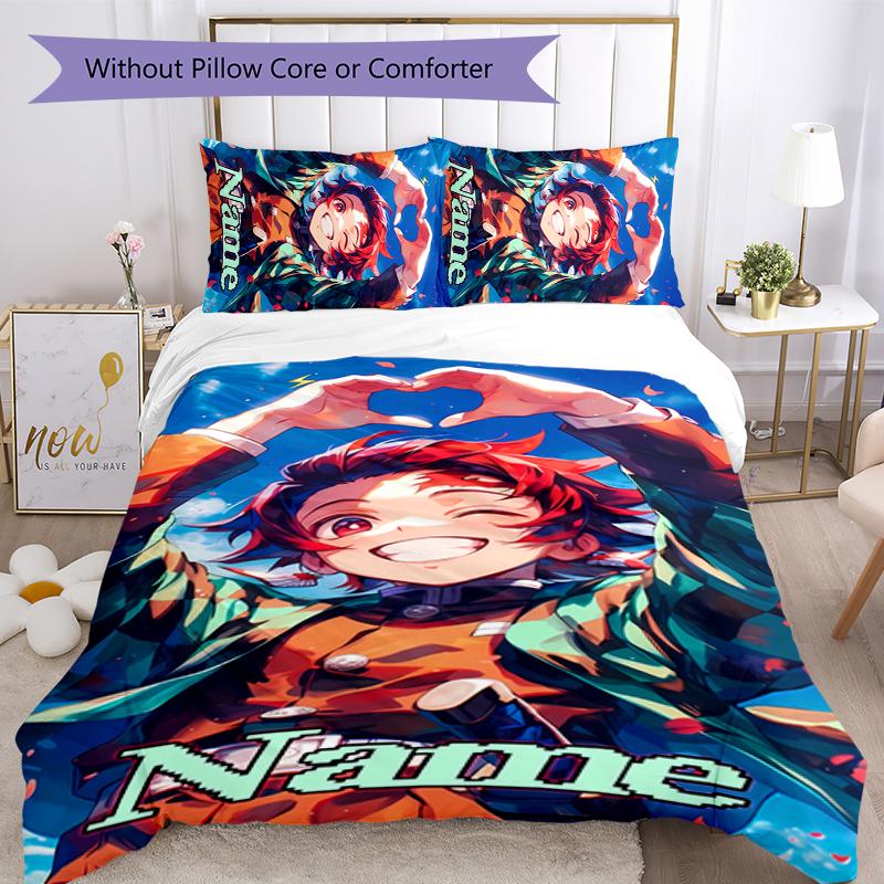 3pcs Custom Name Demon Slayer Tanjiro Bedding Set Duvet Cover Closure Includes 1 Duvet Cover & 2 Pillowcases for All Seasons Bedroom Decor